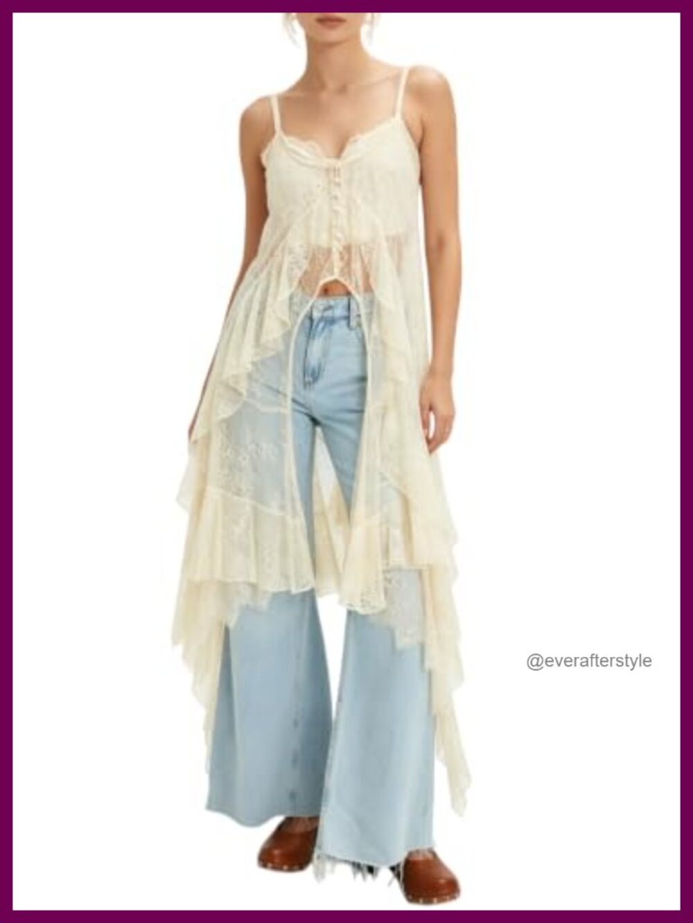 Women Lace Maxi Top Spaghetti Strap Sheer Flowy Boho Long Camisole